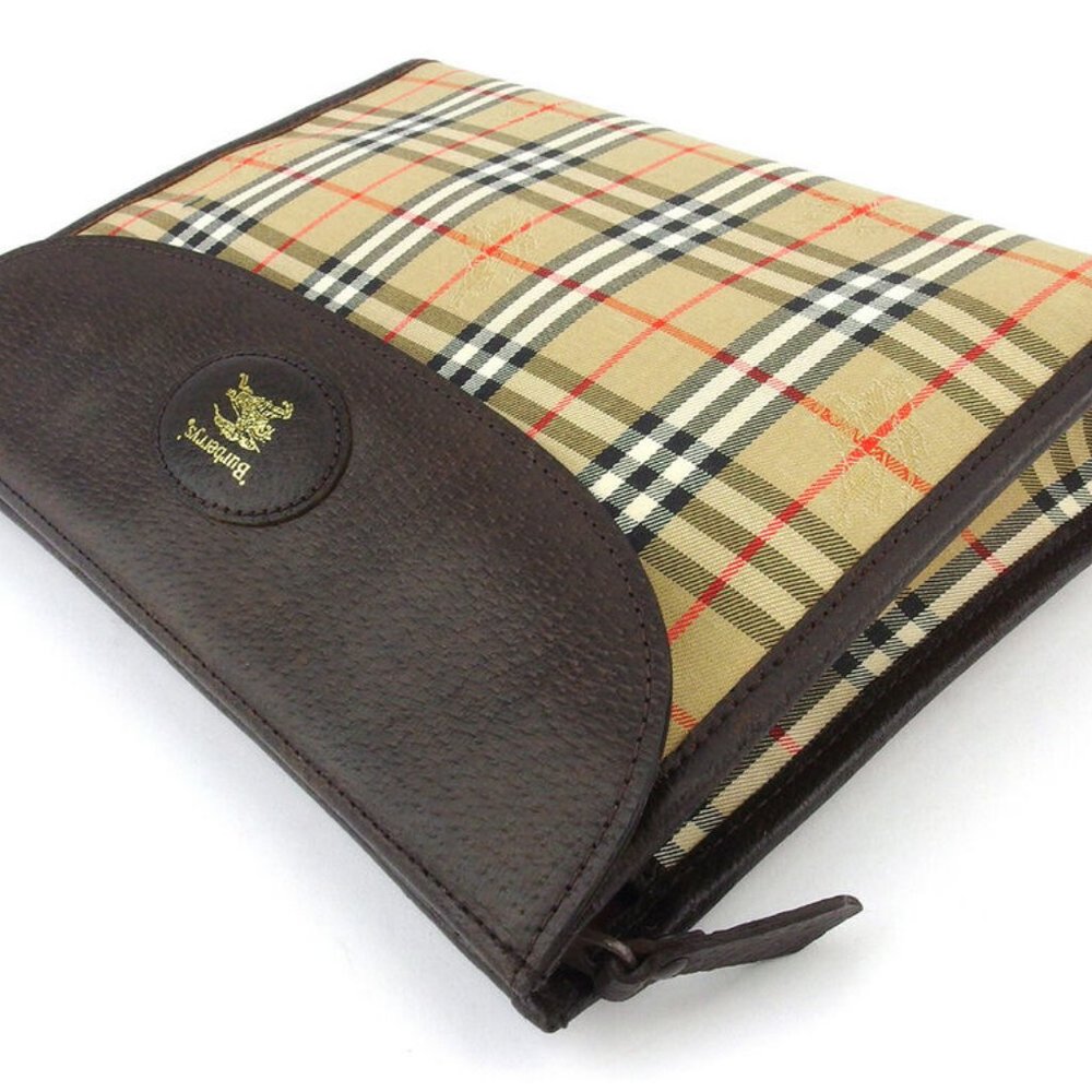 BURBERRY clutch bag check beige canvas �~ leather Auth used - Picture 3 of 8